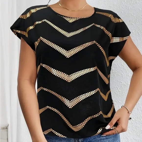 Black Short Sleeve Top with Gold Chevron Sequin Detail NWOT - Picture 2 of 5